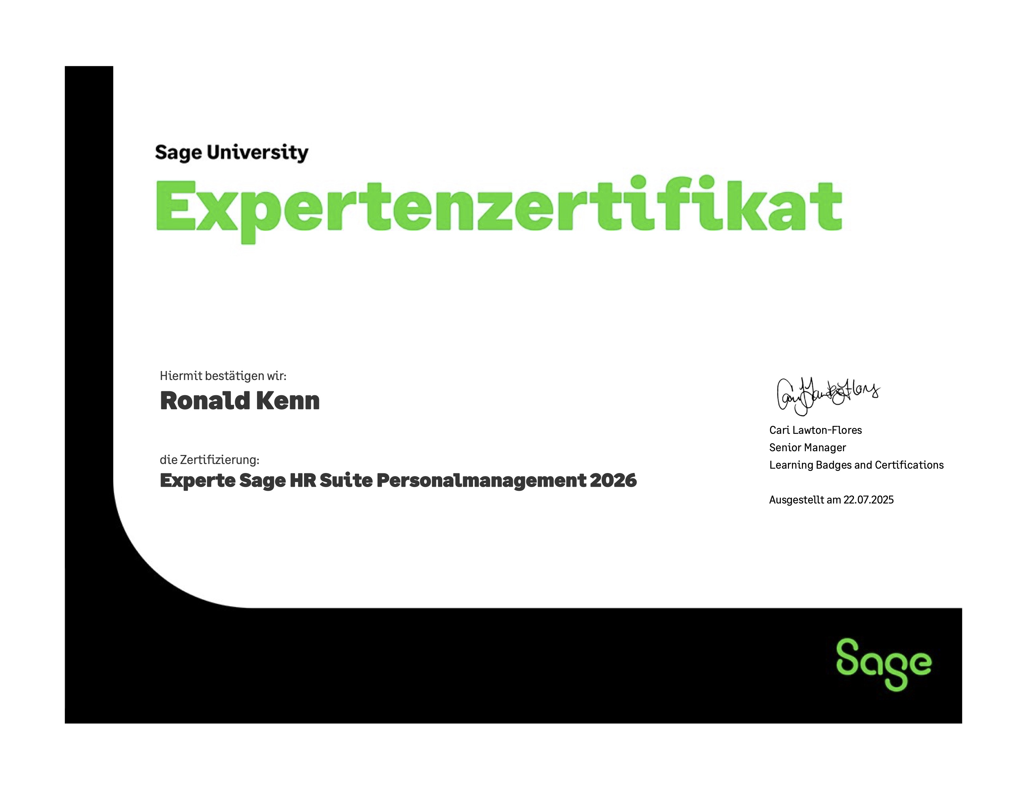 Bild vom Zertifikat Experte Sage HR Suite Personalmanagement 2026